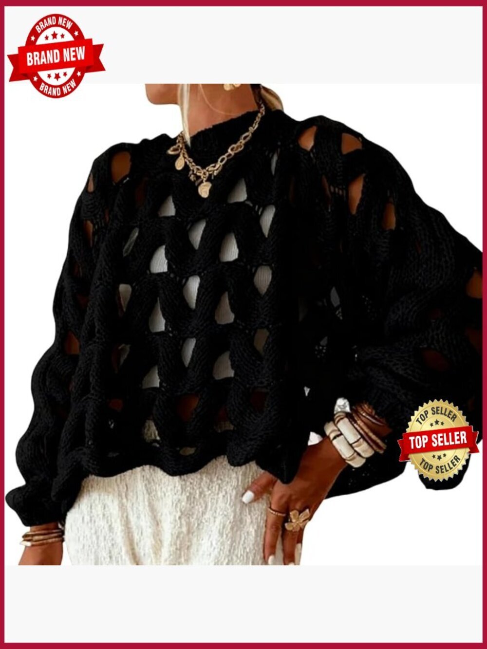 Chunky Crochet Oversized Pullover Sweater Crew Neck Loose Knit